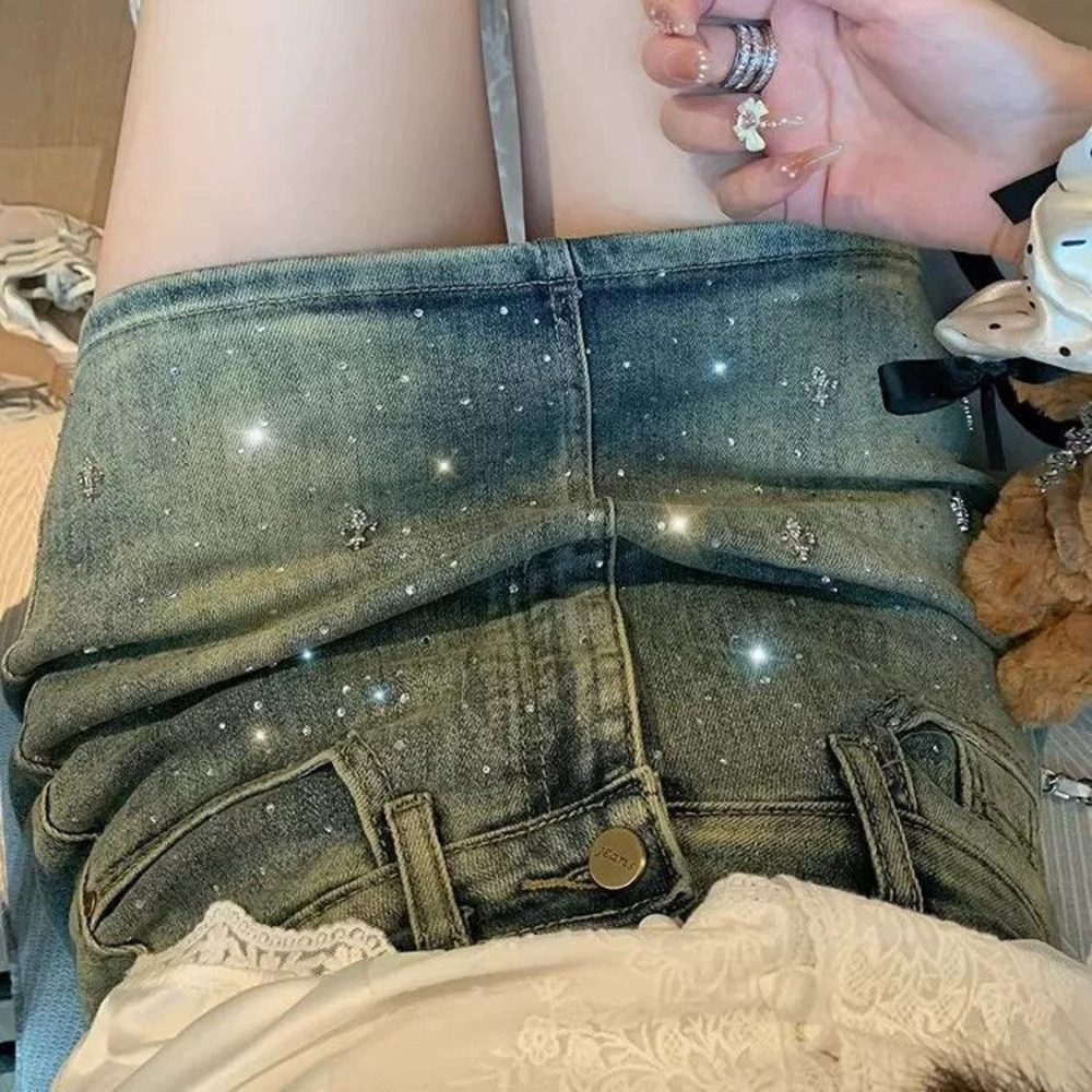 Zara Vintage Rhinestone Denim Bodycon Skirt High Waist Anti Exposure